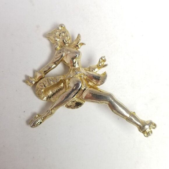 Vintage Figure Skater or Roller Skating Bonny Girl Brooch, Gold Tone Lapel Pin - Picture 2 of 8